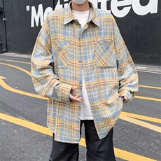衬衫长袖男生春季新款美式宽松翻领格子衬衣复古潮流休闲百搭外套，男装衬衫，星座1013