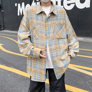 衬衫长袖男生春季新款美式宽松翻领格子衬衣复古潮流休闲百搭外套图片