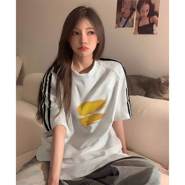抖音得物品质二开240克宽松纯棉美式潮牌印花三条杠中性风短袖T恤,男装T恤,电商A486-1