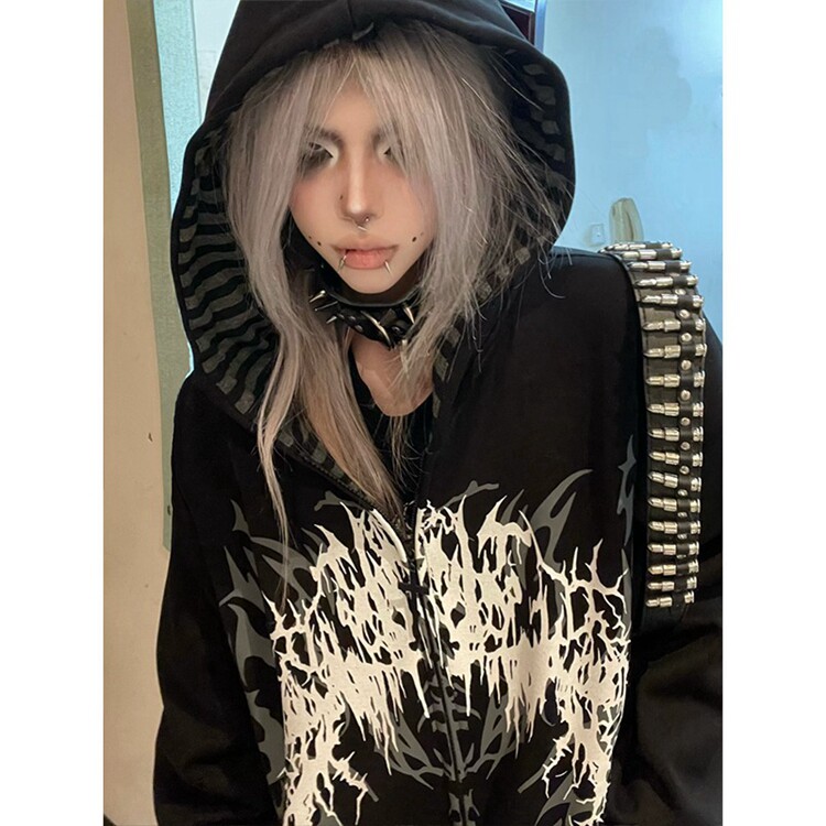 亚文化穿搭y2k白色印花卫衣外套女秋季薄款宽松上衣美式显瘦长袖,女装短外套,星座218-8