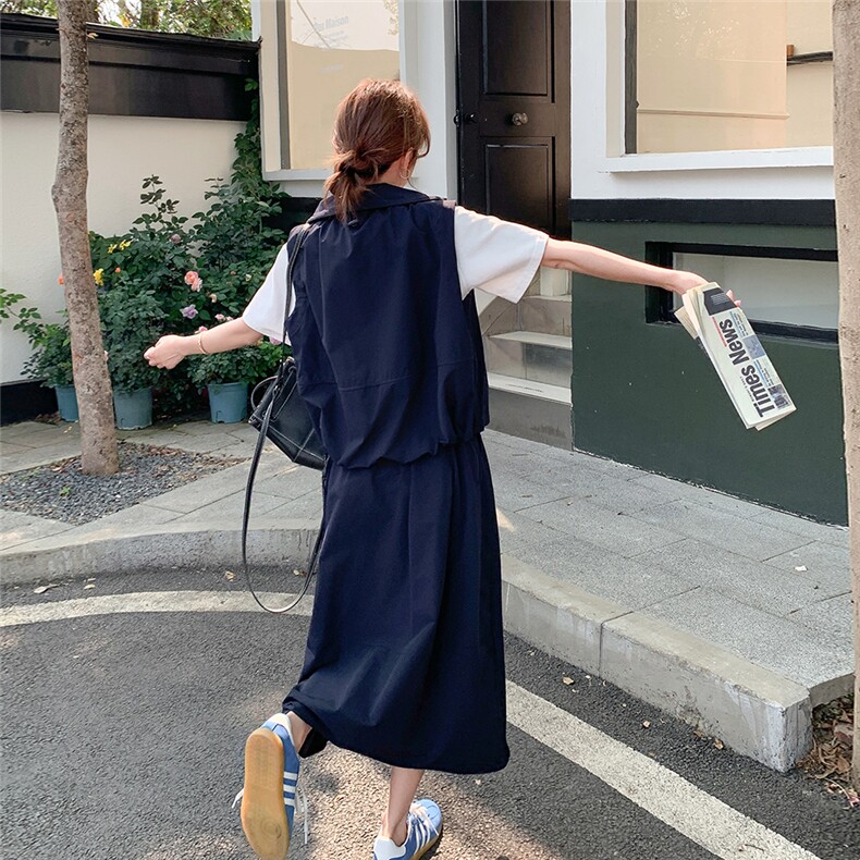 藏青色工装休闲套装裙女2025夏季新款韩系慵懒风马甲半身裙两件套,女装套装/套裙,2C316
