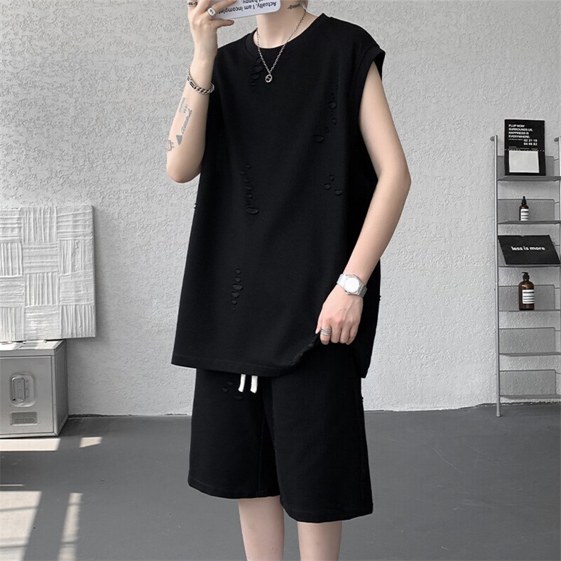 纯色无袖套装男士夏季薄款无袖坎肩T恤背心宽松运动休闲阔腿短款，男装休闲套装，电商A001-1