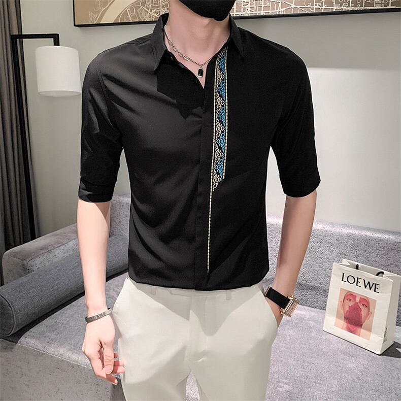 黑夏季新款男士刺绣五分袖衬衫男休闲中袖寸衣301A-1/CS363/P55,男装衬衫,星座301A-1
