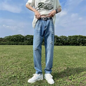 牛仔裤男夏季潮大码休闲裤子高街设计N321P38图片