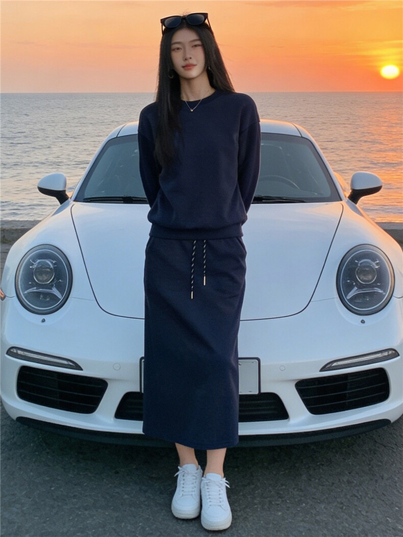 个性简约休闲时尚套装女春季袖口拼接色设计圆领卫衣半身裙两件套,女装套装/套裙,江南