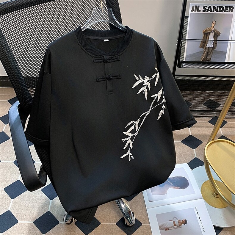 夏季新中式盘扣短袖T恤男小众刺绣竹子设计感复古痞帅风半袖t恤,男装T恤,星座1013