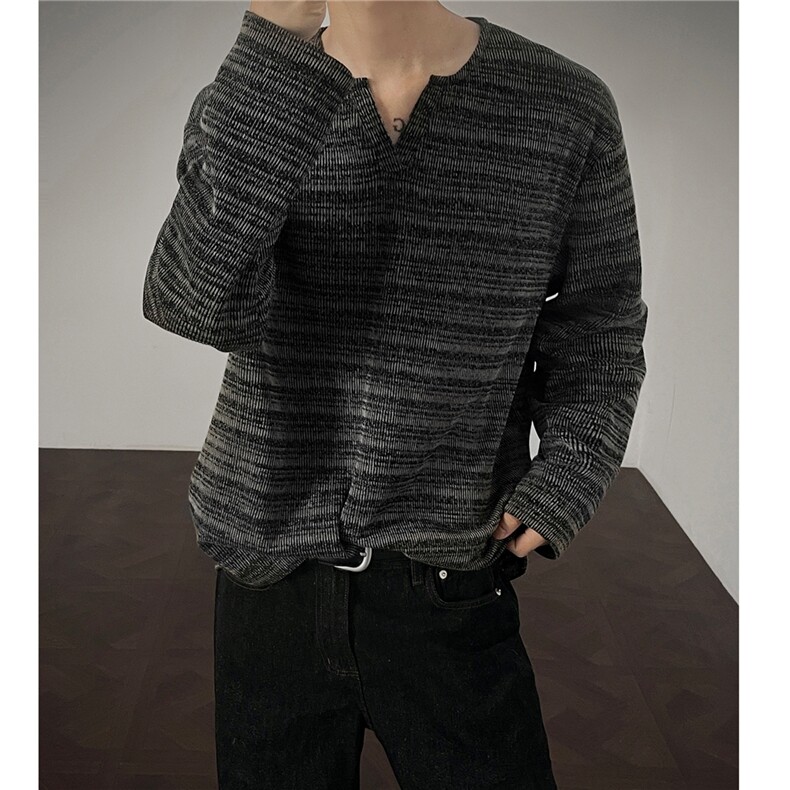 老钱风提花肌理感V领长袖T恤宽松内搭体恤衫上衣男H1125特P38,男装T恤,电商A341