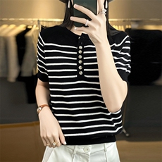 时尚条纹短袖针织衫修身显瘦百搭上衣面料适合春季穿着，女装针织衫/毛衣，玛莎羊绒