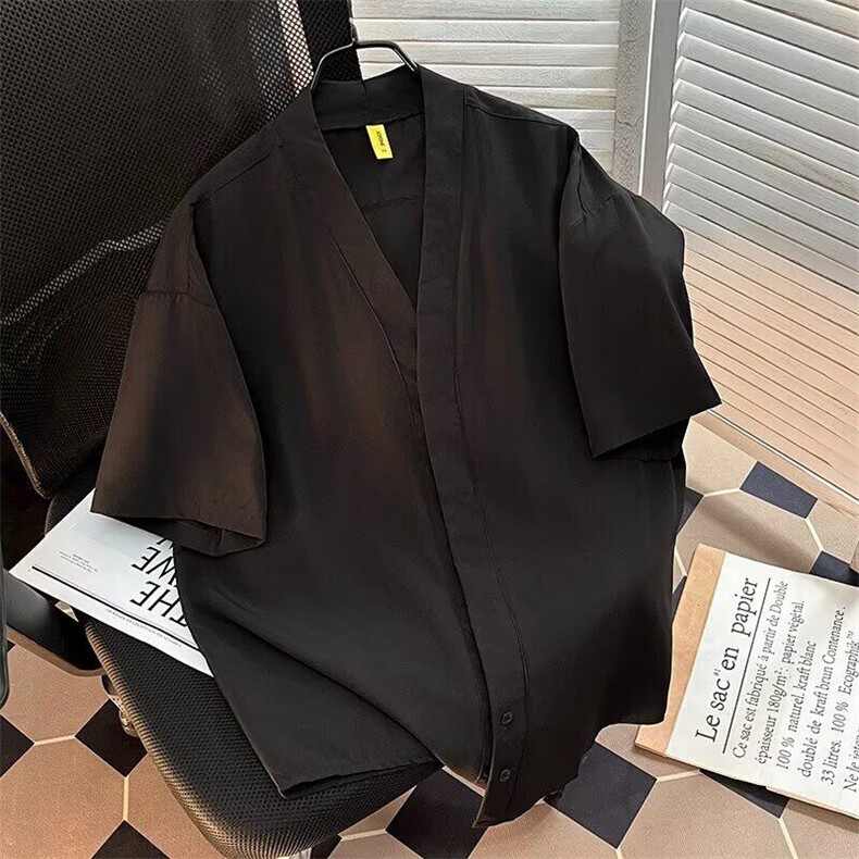 暗扣性感男士无领衬衫长袖痞帅高级感新中式纯色修身衬衣,男装工装外套,星座1013