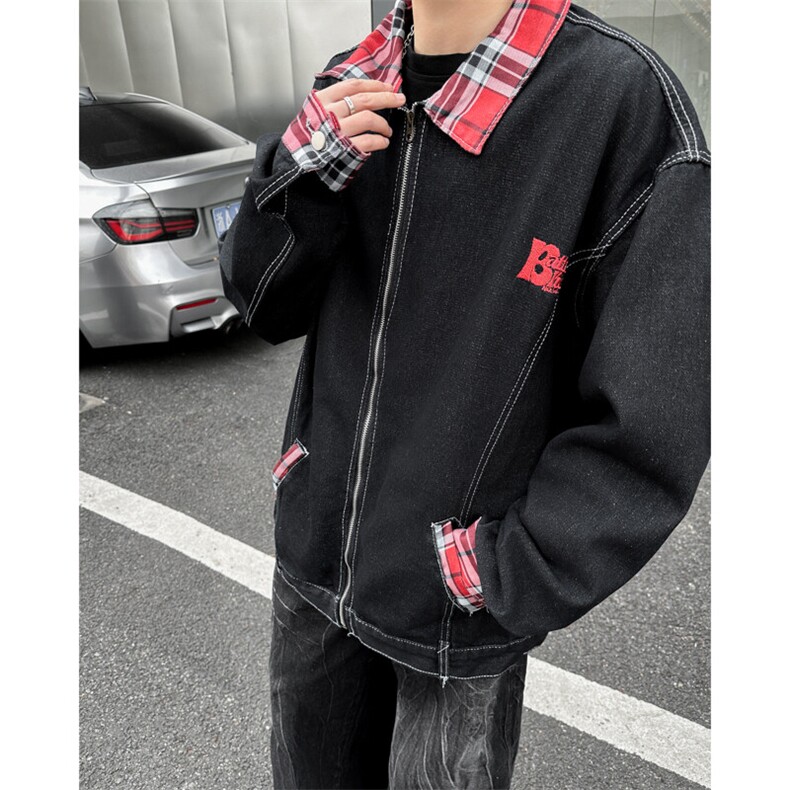 潮牌格子撞色翻领牛仔外套男女同款春秋季情侣夹克上衣JK03365,男装夹克,星座308B-1
