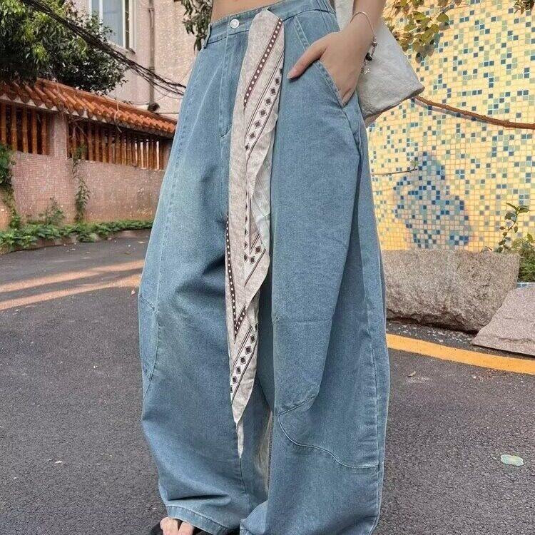 美式复古设计感方巾宽松牛仔弯刀裤男女阔腿拖地裤LN60744-P60,男装牛仔裤,星座1008