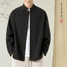 男秋季长袖衬衣居士汉服中式复古工装衬衫禅意茶服J6911-P55，男装衬衫，星座1105-3