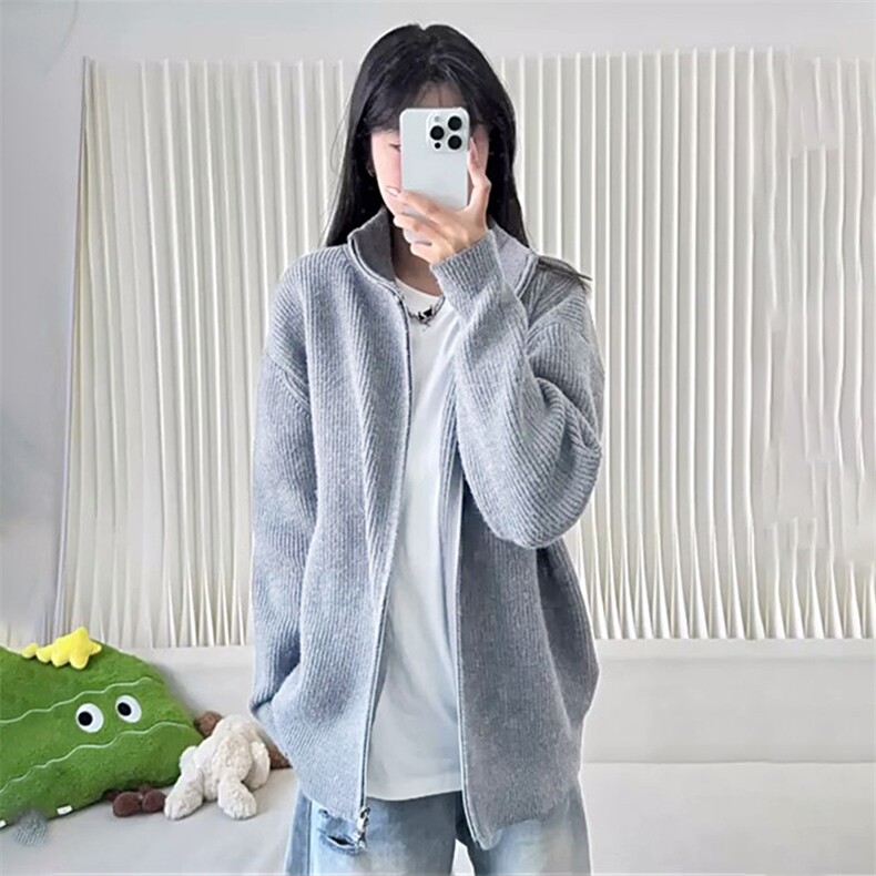 重磅秋冬北极绒双拉链毛衣开衫美式复古休闲慵懒风宽松针织衫外套,男装针织衫/毛衣,电商A486