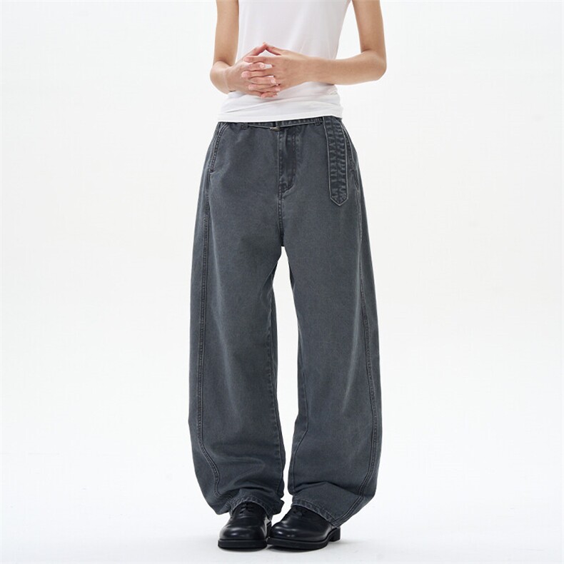 2025春夏美式复古腰带款石磨休闲裤宽男女松直筒弯刀裤潮牌，男装休闲裤，星座301D-3