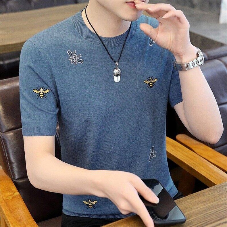 7386-P55夏季休闲时尚短袖毛衣男打底衫欧货T恤潮牌针织衫,男装T恤,电商D310B-1