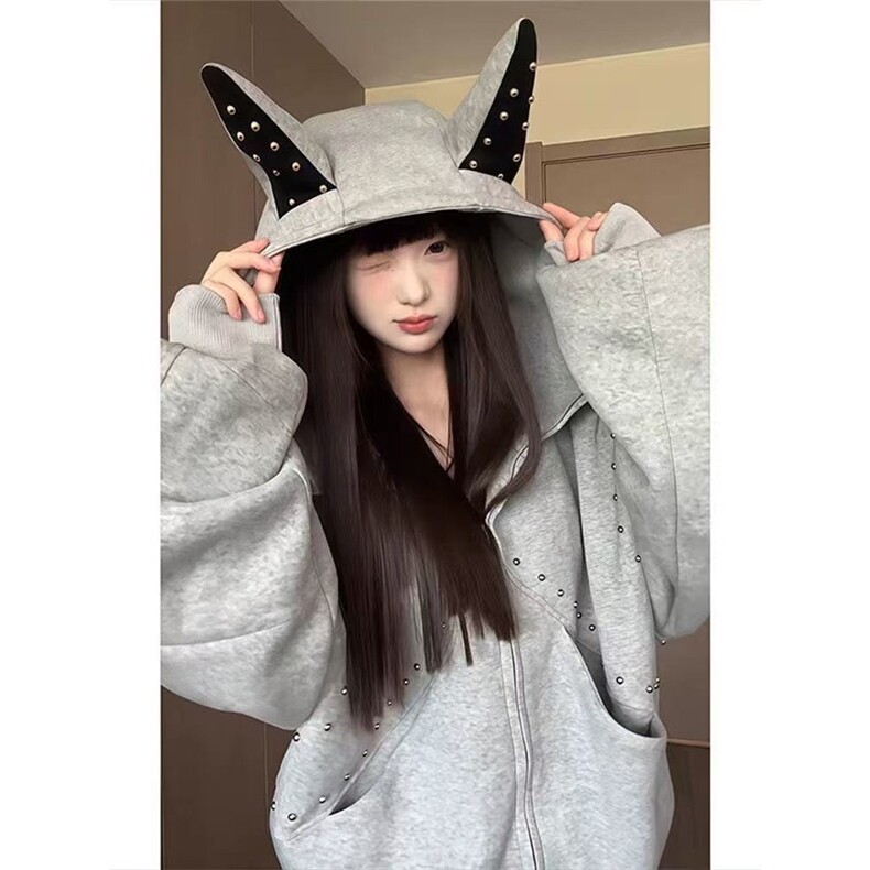杜宾犬铆钉连帽卫衣男女秋季设计感小众短款外套JK859,女装短外套,星座208-5
