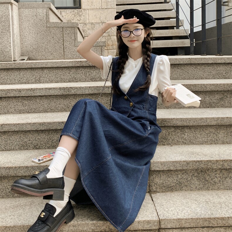 白色t恤薄款牛仔背带连衣裙女夏季新款显瘦气质温柔风长裙,女装连衣裙,帛香坊