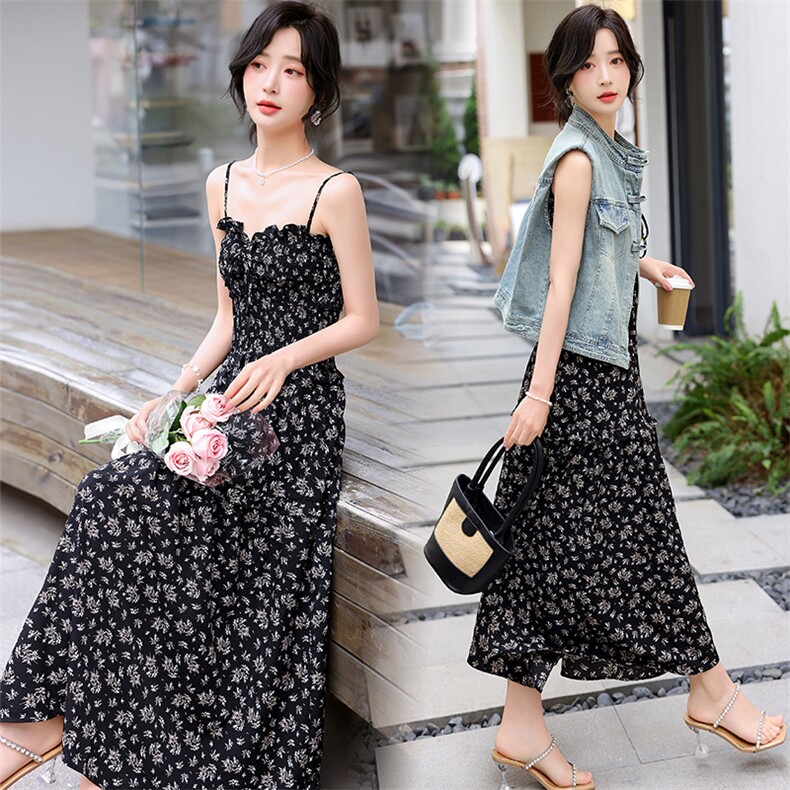 2024新款洋气复古立领盘扣牛仔马甲女吊带碎花连衣裙两件套装裙,女装套装/套裙,冬木谷雨