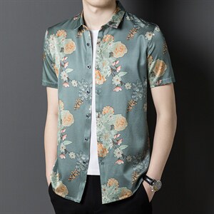 时尚印花衬衫男翻领上衣2023夏季中青年男士休闲潮流衬衣男装夏装图片