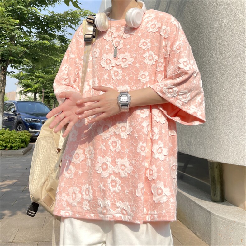 2023夏季新款T恤白色印花港风宽松透气中性风花纹短袖CS968-P45,男装T恤,电商A128
