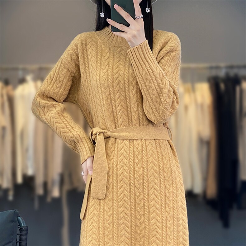 女士秋冬羊毛裙简约休闲舒适显瘦羊毛连衣裙,女装连衣裙,暖思雅