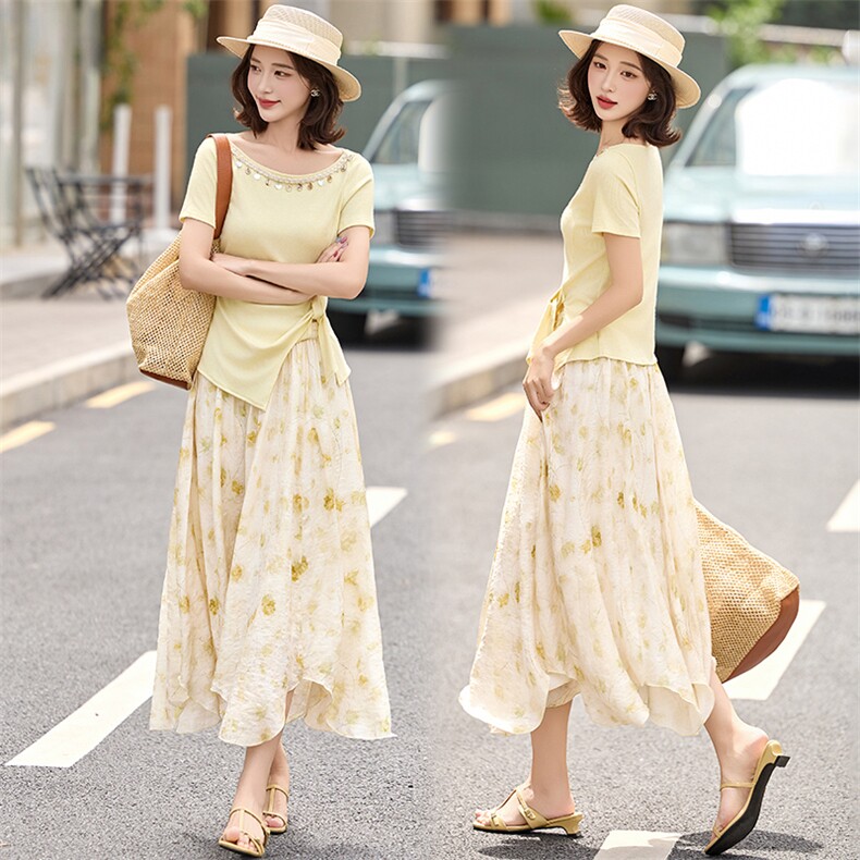 2025夏季新款一字肩短袖绑带上衣碎花半身裙两件套不规则t恤套装，女装套装/套裙，魅丽静蓝