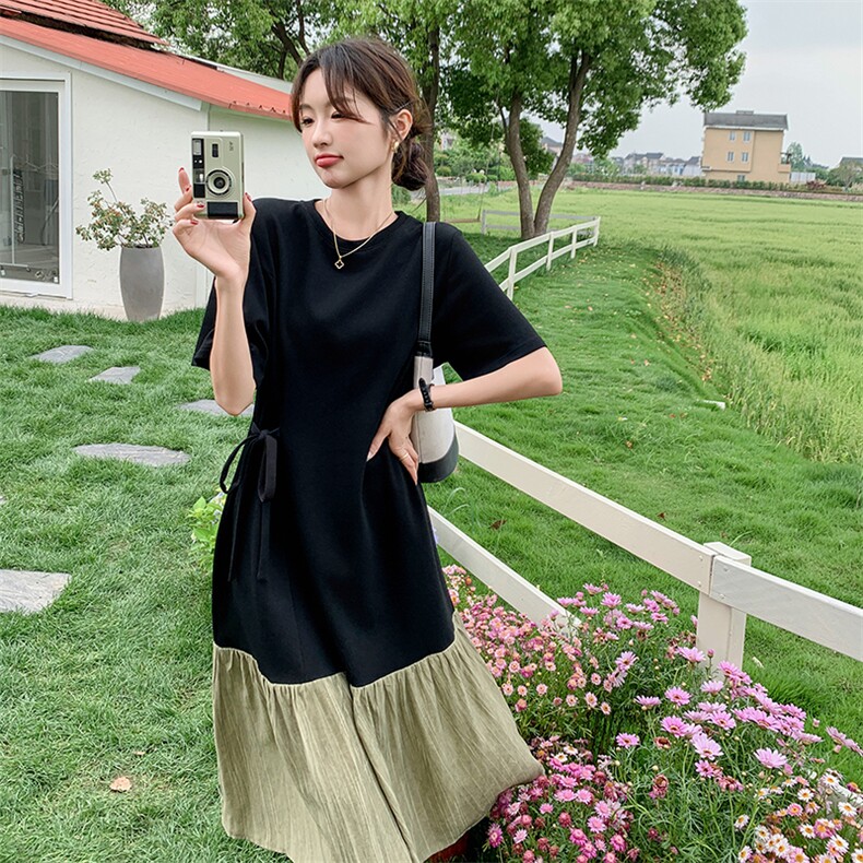 撞色拼接T恤连衣裙女2025年夏季新款高级感宽松气质显瘦过膝长裙,女装连衣裙,维壹