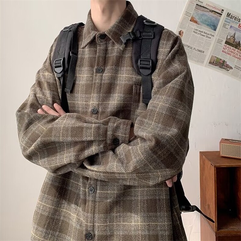 现货格子衬衫男长袖秋冬痞帅外套冬季复古潮工装衬衣WLC233-P65,男装衬衫,星座1008