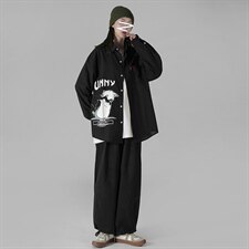 2021秋季新中性风蒙马特港风猫咪印花大码休闲男衬衫C519-P45，男装衬衫，电商A001