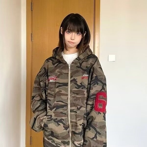 大码胖mm美式高街迷彩开衫连帽卫衣外套女秋季oversize拉链上衣图片