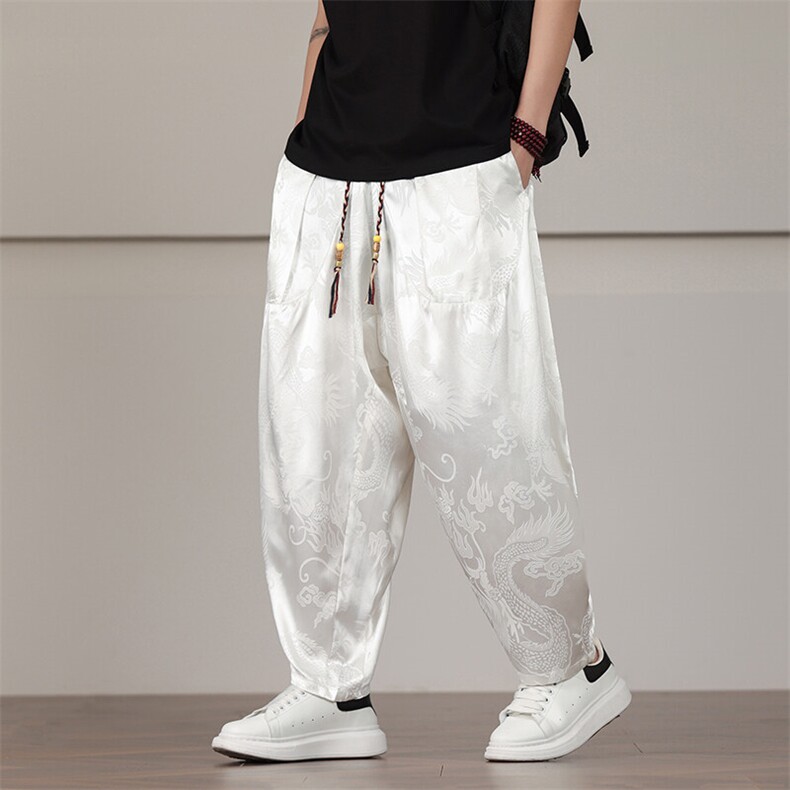 夏季薄款休闲裤男风龙纹裤子潮流宽松阔腿哈伦长裤子AK25P45，男装休闲裤，星座220-2