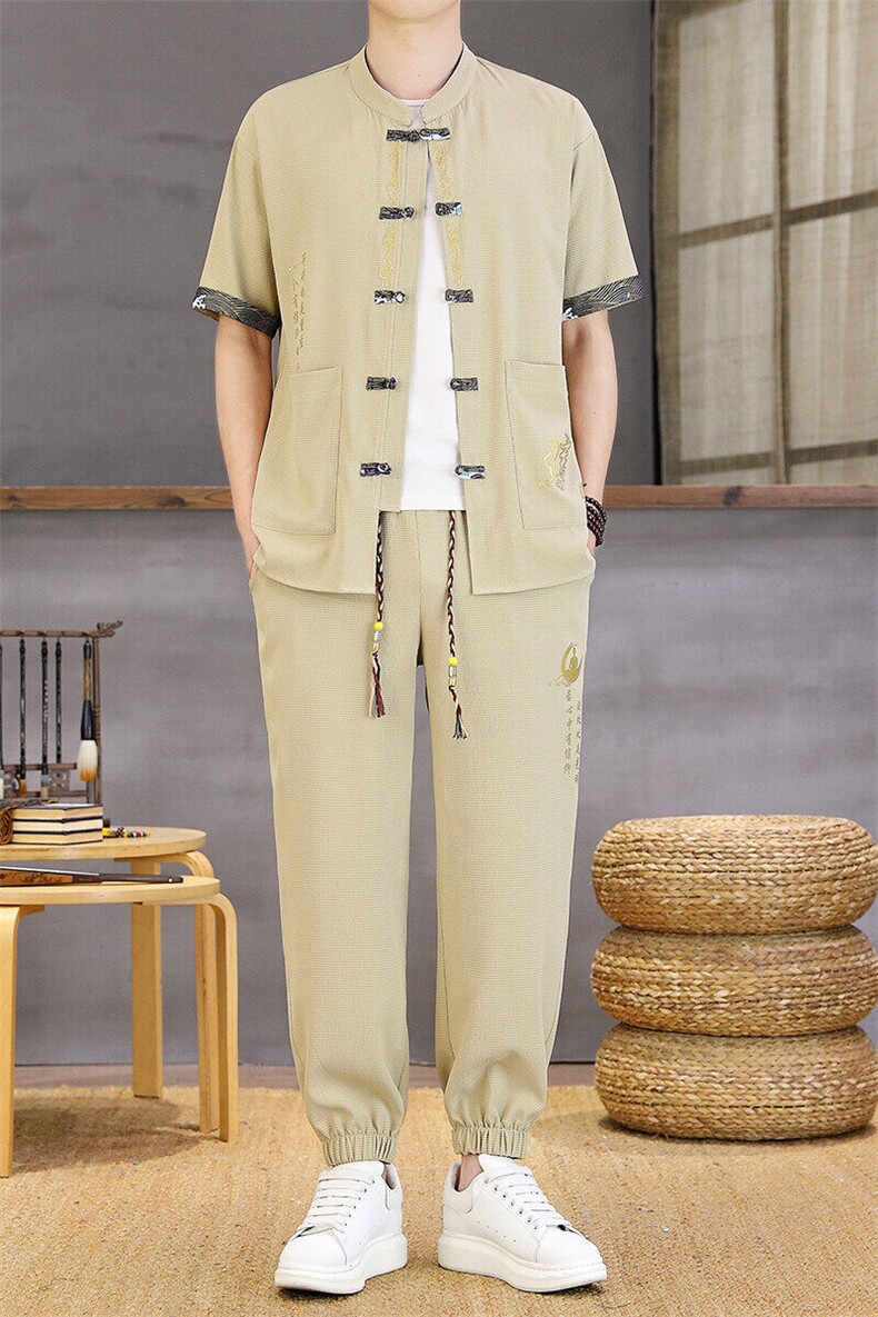 风夏季两件套男士冰丝宽松短袖套装民族男装汉服,男装T恤,星座1206（原A206）