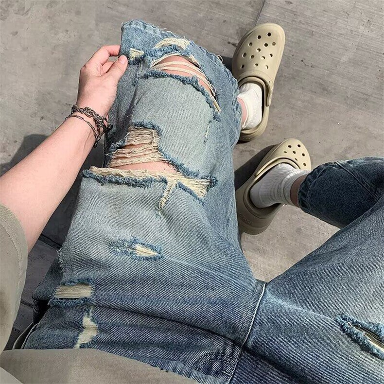 破洞阔腿牛仔七分裤男女韩版潮流2025夏季ins休闲短裤RK2902-P42，男装牛仔裤，星座412-2