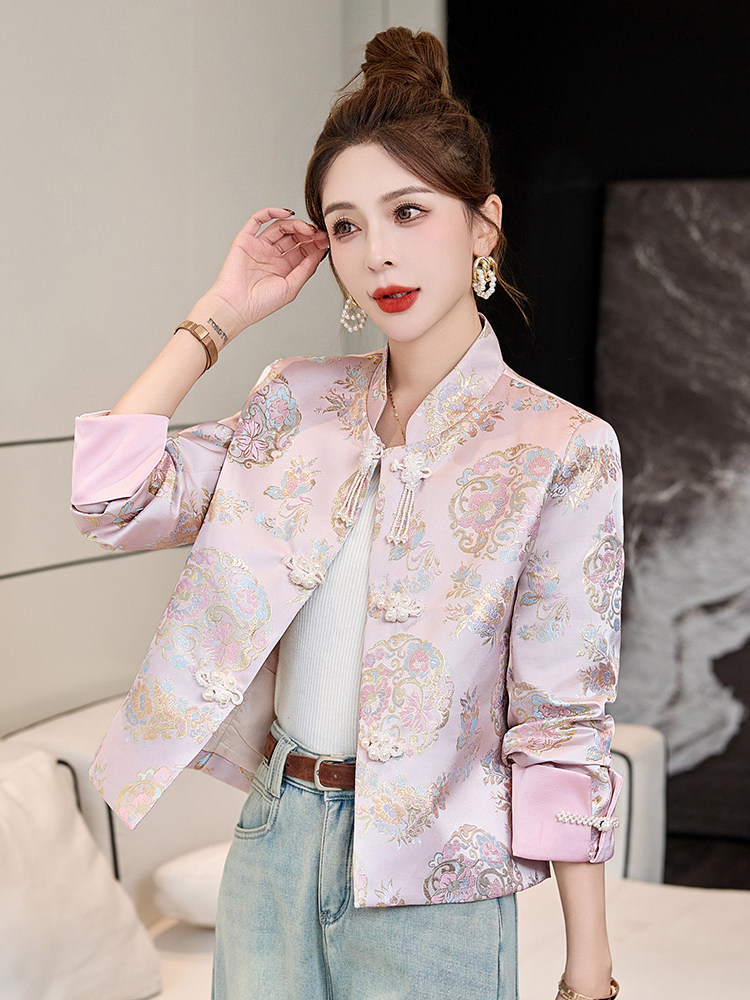 新中式外套女国风2025春秋新款小个子洋气刺绣复古盘扣唐装短上衣,女装短外套,伊仟回