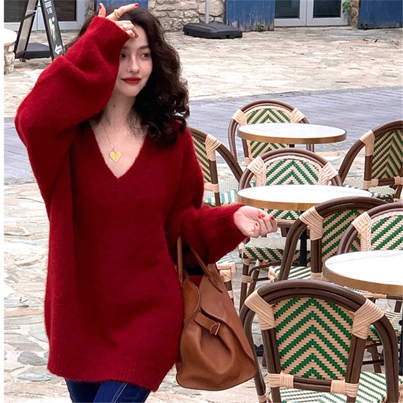 羊毛高级感宽松显瘦百搭v领中长款法式毛衣女慵懒风针织大码，女装羊毛衫，佳弈羊绒