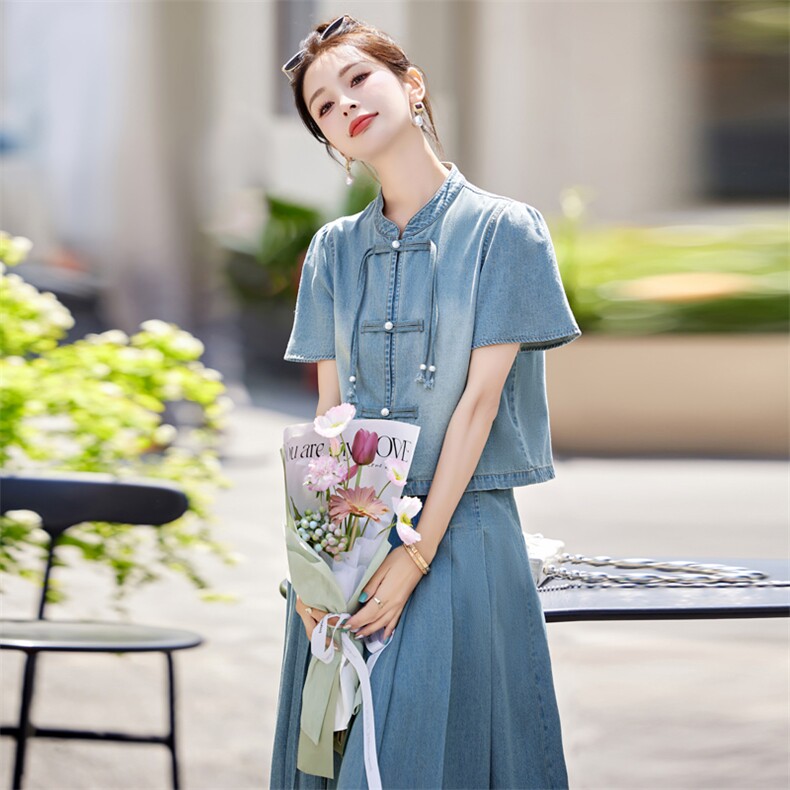新中式国风牛仔套装裙女2025年夏季新款复古盘扣半身裙时尚两件套,女装套装/套裙,欣品汇
