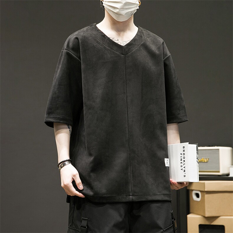 T602P45黑墙地毯重磅麂皮绒夏季V领风仙鹤印花短袖t恤男潮,男装T恤,电商A026
