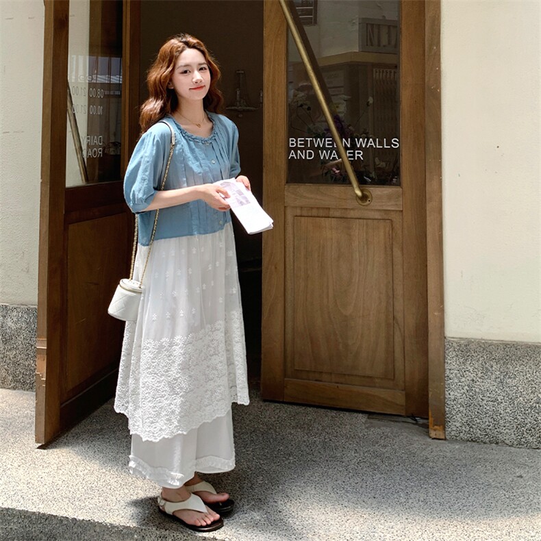 设计感蕾丝花边连衣裙套装女2025夏季新款超好看休闲阔腿裤两件套,女装套装/套裙,2D034