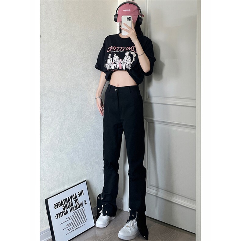 美式高街ins小众拉链hiphop排扣破洞休闲牛仔裤货号K642P6078图片