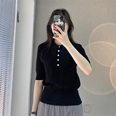 2023法式气质POLO领针织衫女夏季新款百搭钩花纯棉线短袖女韩版，女装针织衫/毛衣，鹏源羊绒