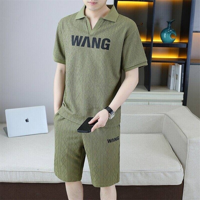 25328-P65男士夏季欧货翻领短袖套装五分裤字母印花休闲两件套,男装牛仔裤,电商D310B-1