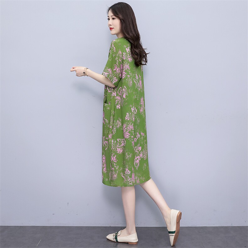 夏季新款大码女装胖mm宽松显瘦遮肚碎花连衣裙中长款妈妈裙子,女装连衣裙,妃曼