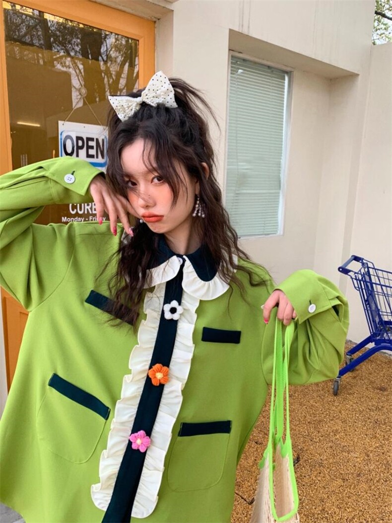 小花朵草绿衬衫，女装衬衫，YOUER DENG