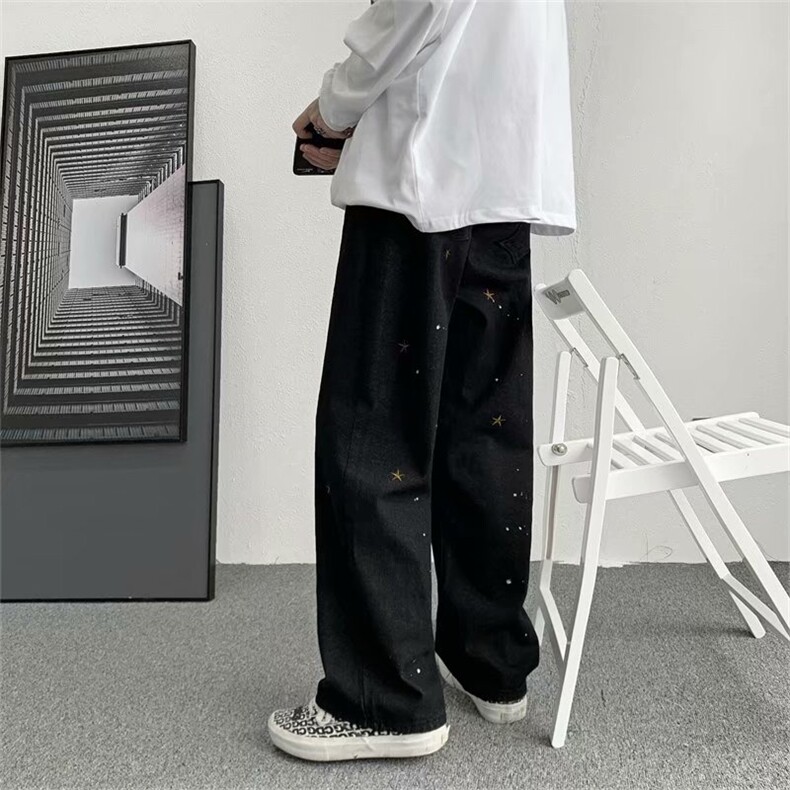 漆点星星刺绣牛仔裤男宽松直筒夏季薄款潮百搭黑色阔腿K1351-P40,男装牛仔裤,星座512-2