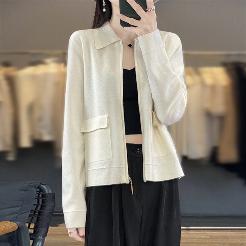 2025春季新款精仿羊毛针织开衫女POLO领外套纯色百搭上衣拉链外套,女装羊毛衫,优麦羊绒（原洪叶羊绒）