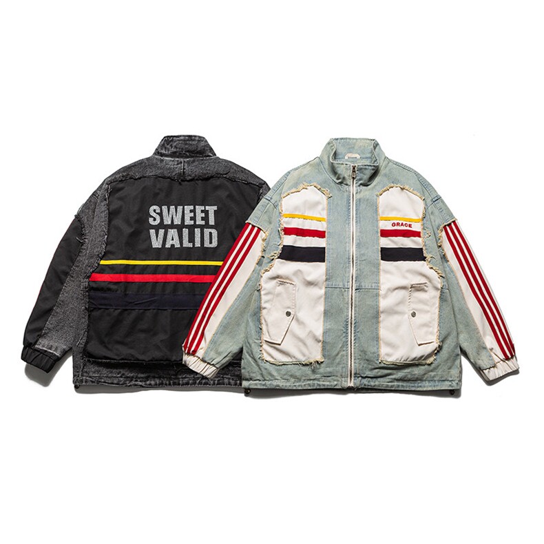 现货牛仔拼色立领街头潮牌外套夹克飞行服，男装工装外套，电商A105