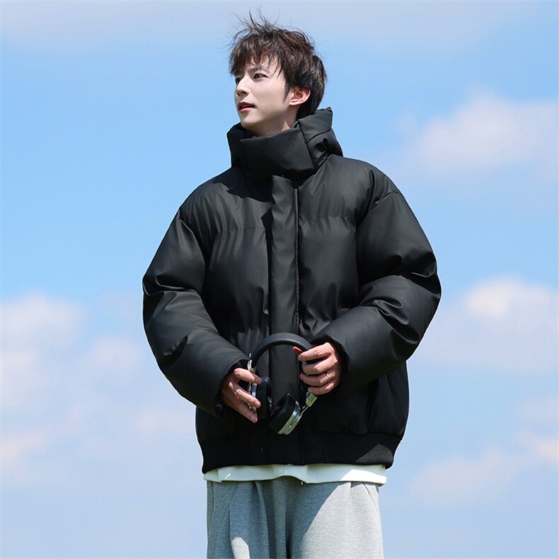 现货5W件冬季三防重磅boxy短款羽绒连帽PU皮棉衣外套防风加厚棉服，男装棉衣，电商A486-1