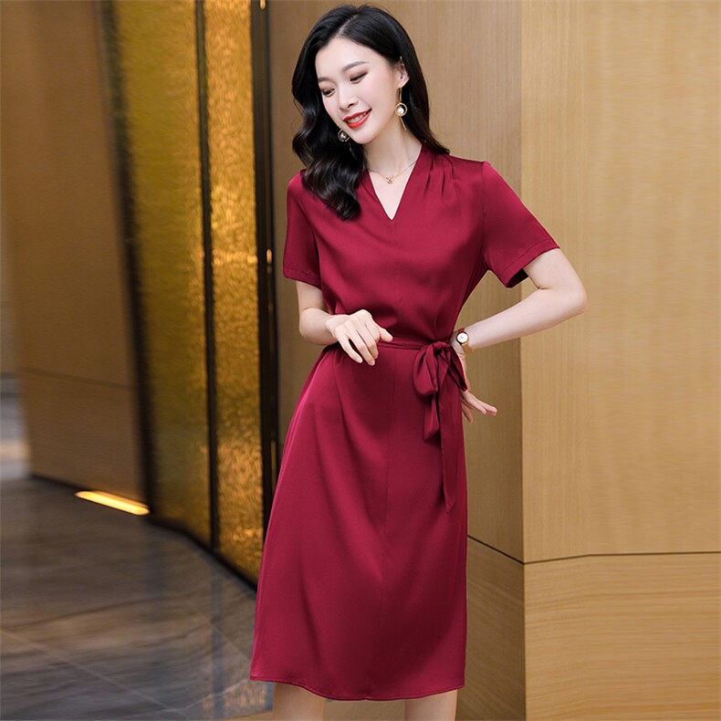 真丝连衣裙中长款2026夏季新款时尚短袖收腰重磅真丝裙子小个子,女装连衣裙,阿舍尔精品