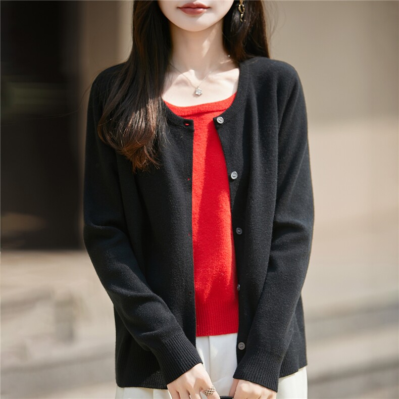 慵懒风撞色假两件针织衫女秋冬长袖软糯毛衣开衫法式休闲上衣外套,针织衫/毛衣,圣丽羊绒