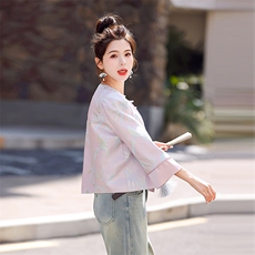 新中式外套女2024春秋新款小个子高级感国风短款圆领粉色印花上衣，女装短外套，姿衣坊